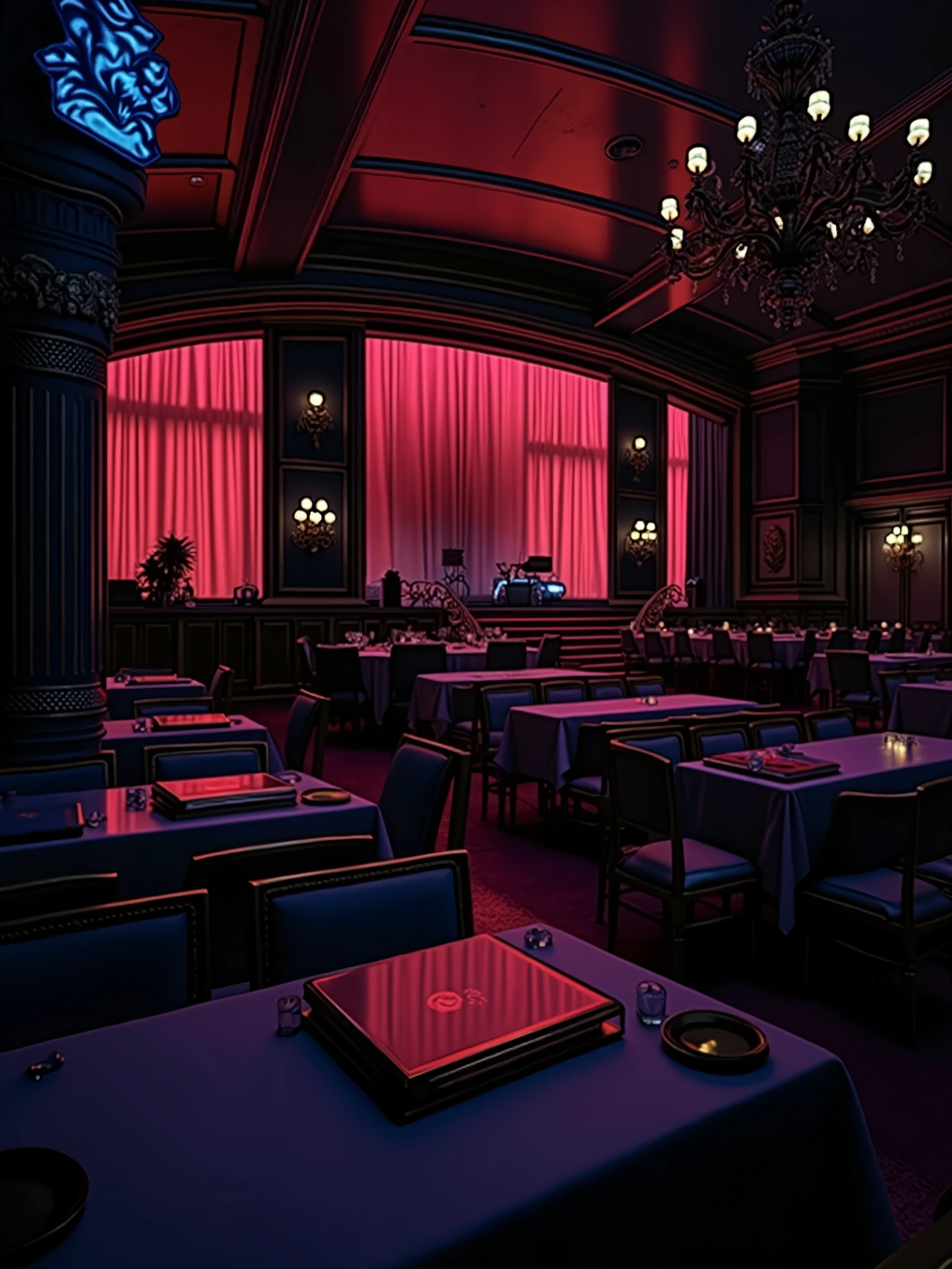 there is a room with tables and chairs, detailed an empty jazz cafe, ballroom background, random background scene, neo - noir setting, red room, nightclub, stage background, vip room, rich atmosphere, theatrical scenery, theater stage, empty stage, palatial scene, fancy restaurant, rich cinematic atmosphere, va-11 hall-a