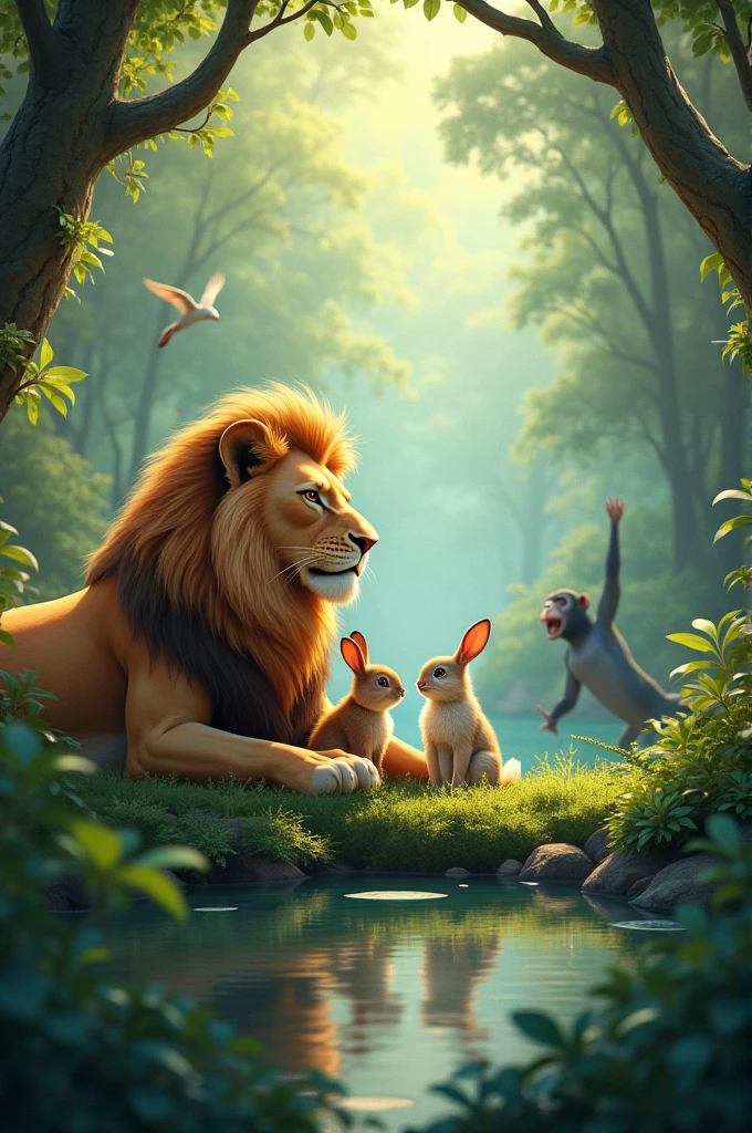 A final scene of the entire jungle in harmony, with the lion, rabbit, and other animals coexisting peacefully.