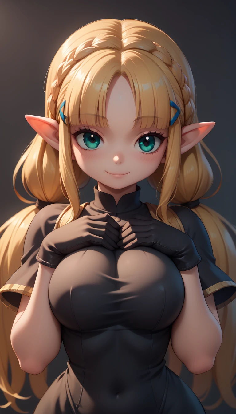 High resolution, Very detailed, perfect lighting, beautiful detailed eyes, ((masterpiece,Best Quality)), absurdities, alone, princess zelda, by the width, crown braid, Hair clip, pointy ears, Gloves without fingers, black gloves, smile, curves, nod, , deep neckline, deep neckline, black one piece swimsuit with pink details, touching her breasts in a sexy way, close up, black fur, close up, pigtails with bangs, pigtails with bangs, touching her breasts in a sexy way, teal eyes, close up, pigtails with bangs 