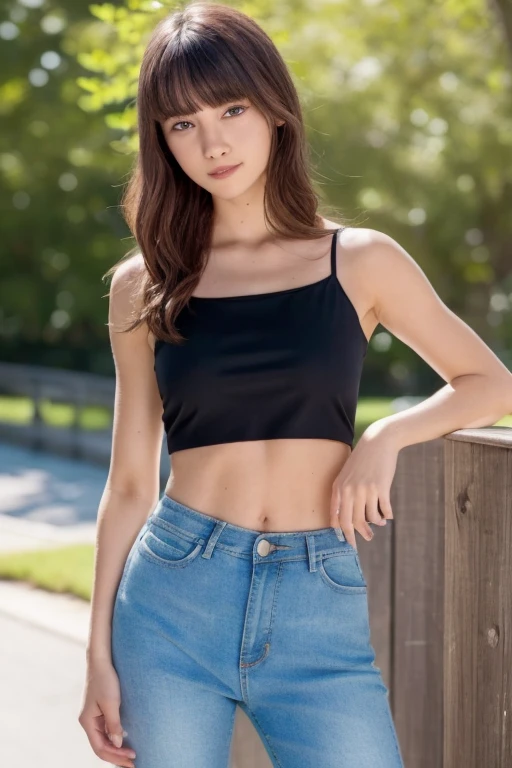 1girl, beautiful woman, The top is a camisole and the bottom is tiny denim hot pants., skinny, perfect body, defined abs, gold hair, Standing in the park during daytime,  ultra-detailed face, beautiful eyes, beautiful lips, double eyelids, shy smile, trimmed bangs, sun-kissed skin, hint of pubic hair, (best quality, 8k, masterpiece:1.3), frontal and full-body shot, pussy line, front facing, open legs pubic hair