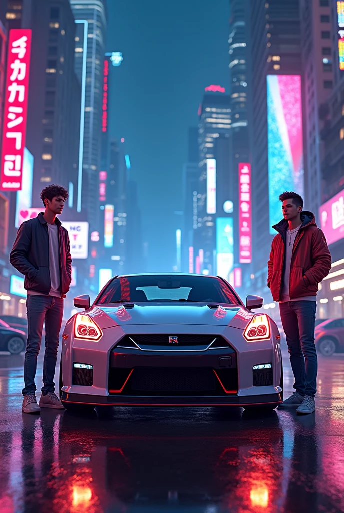 Me and my bro in a Wallpaper with a
gtr r35 skyline in a neon city