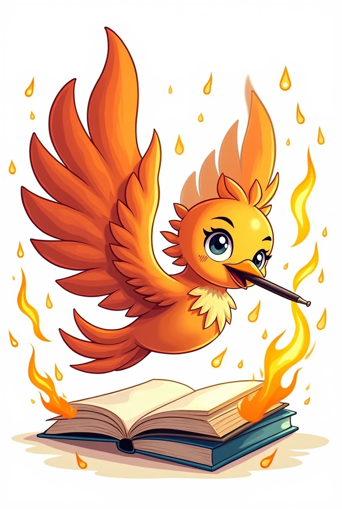 Cute cartoon of a male phoenix biting a pen while flying, white background. ,There is a book, there is a fire around the phoenix.