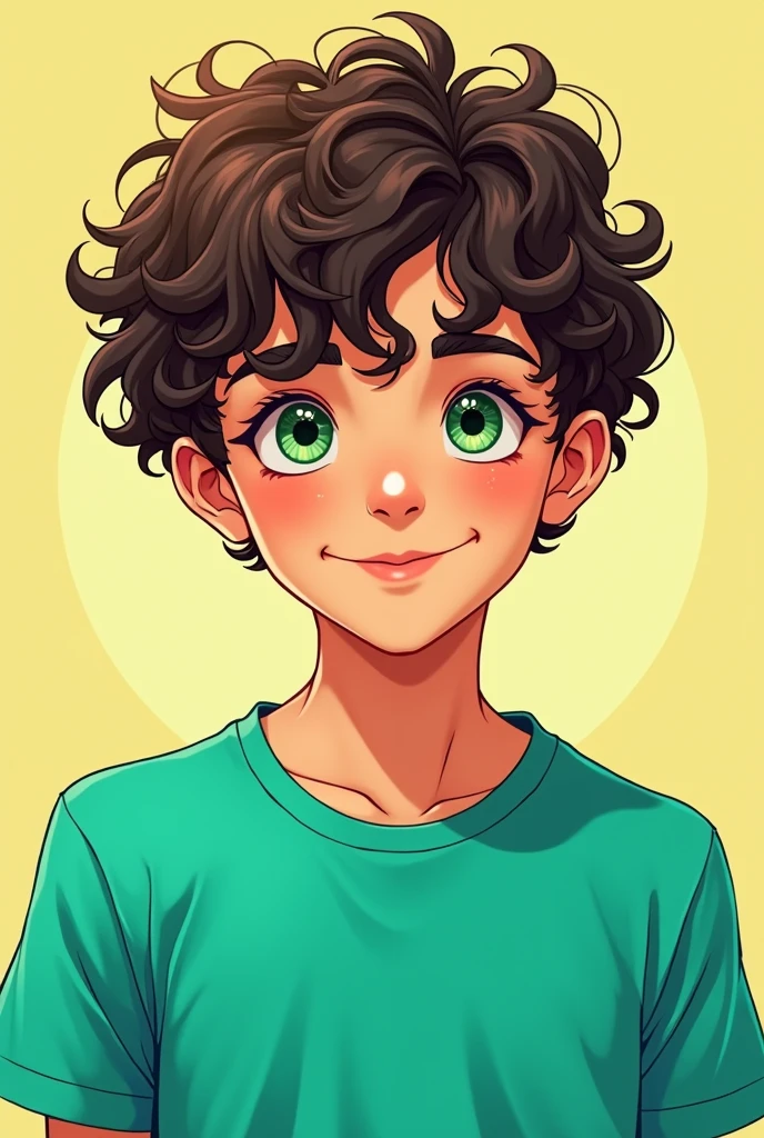Can you draw me a 13 year old boy?, brunette with beautiful curly hair and green eyes wearing a turquoise green t-shirt, a fashion manga. 
