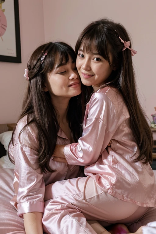 1 Mother, Long Hair with Bangs, Pink Satin Pajamas, Kissing, Asian, Own Kids with Satin Pajamas, Bedroom, smile.