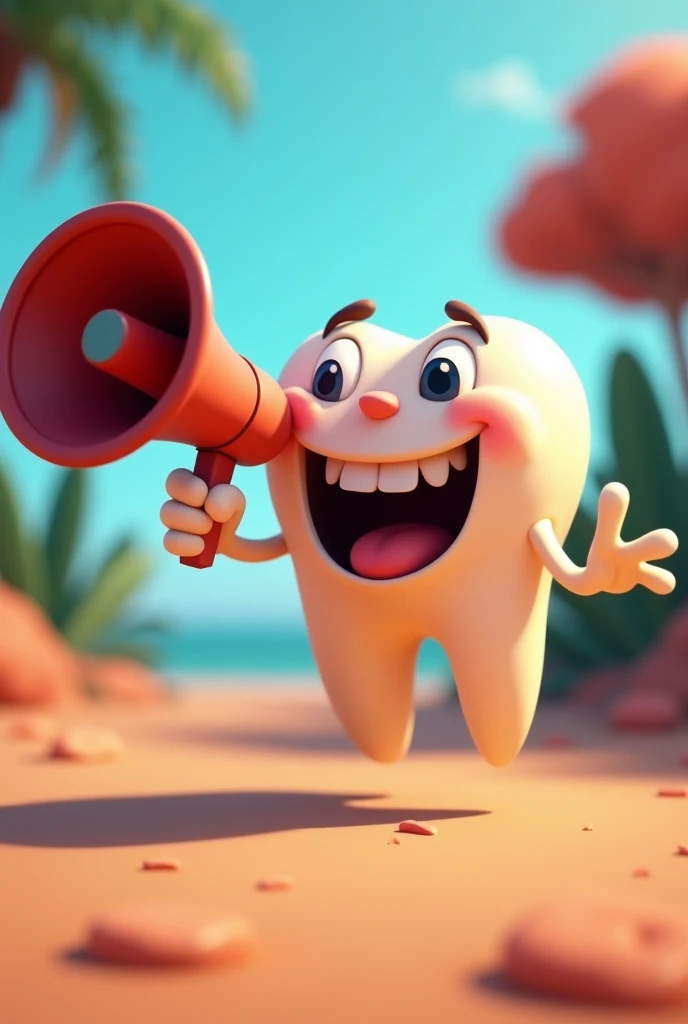 An animated image of an animated tooth with a megaphone talking
