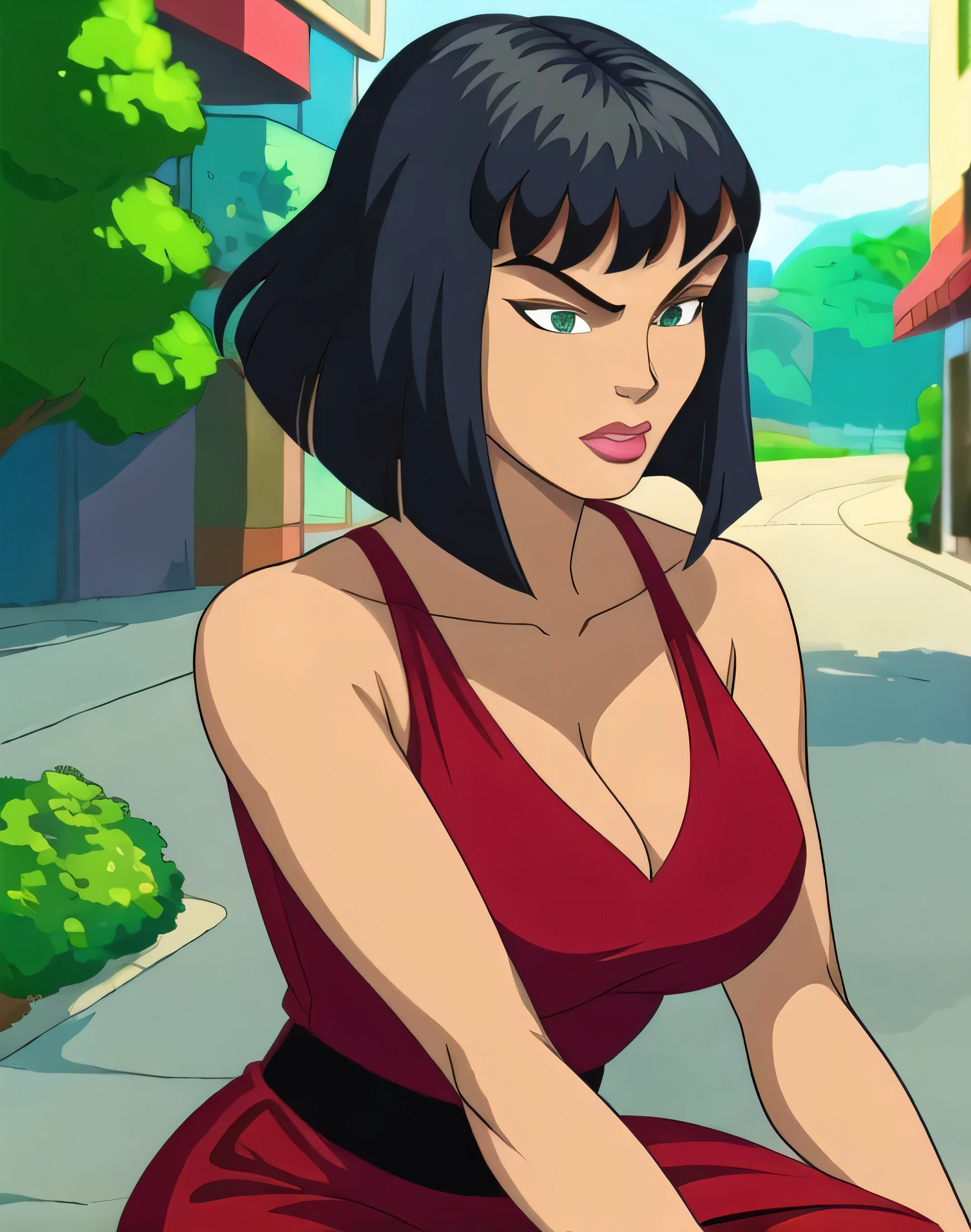 karai, 1girl, solo, short hair, large breasts, black hair, bob cut, lipstick, upper body, wearing a red dress, black shoes, street background, retro artstyle, 