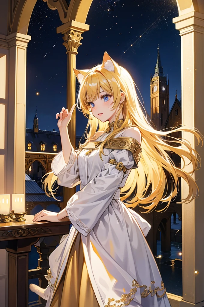 high quality, High resolution, Attention to detail, detailed、Golden Hair、Cat ears、Wearing shining crystals、Light、bright、mysterious、night、Medieval European Gardens
