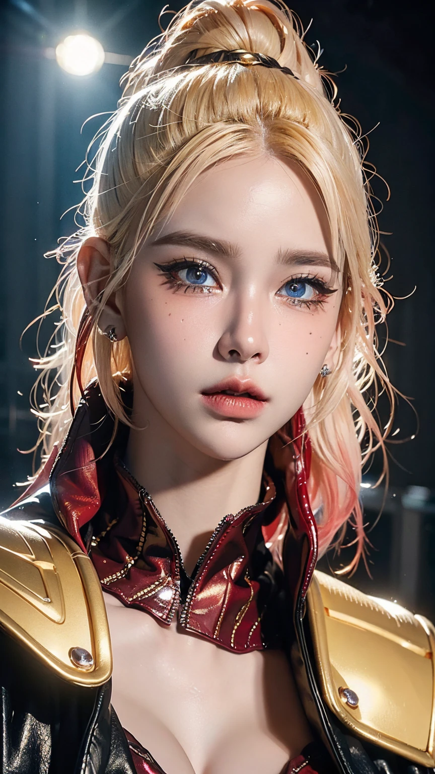 A beautiful busty girl gold hair in a torn Deadpool-style outfit, fantasy, beautiful detailed eyes, beautiful detailed lips, extremely detailed eyes and face, long eyelashes, photorealistic, 8k, HDR, studio lighting, vibrant colors, dramatic lighting, cinematic, concept art style