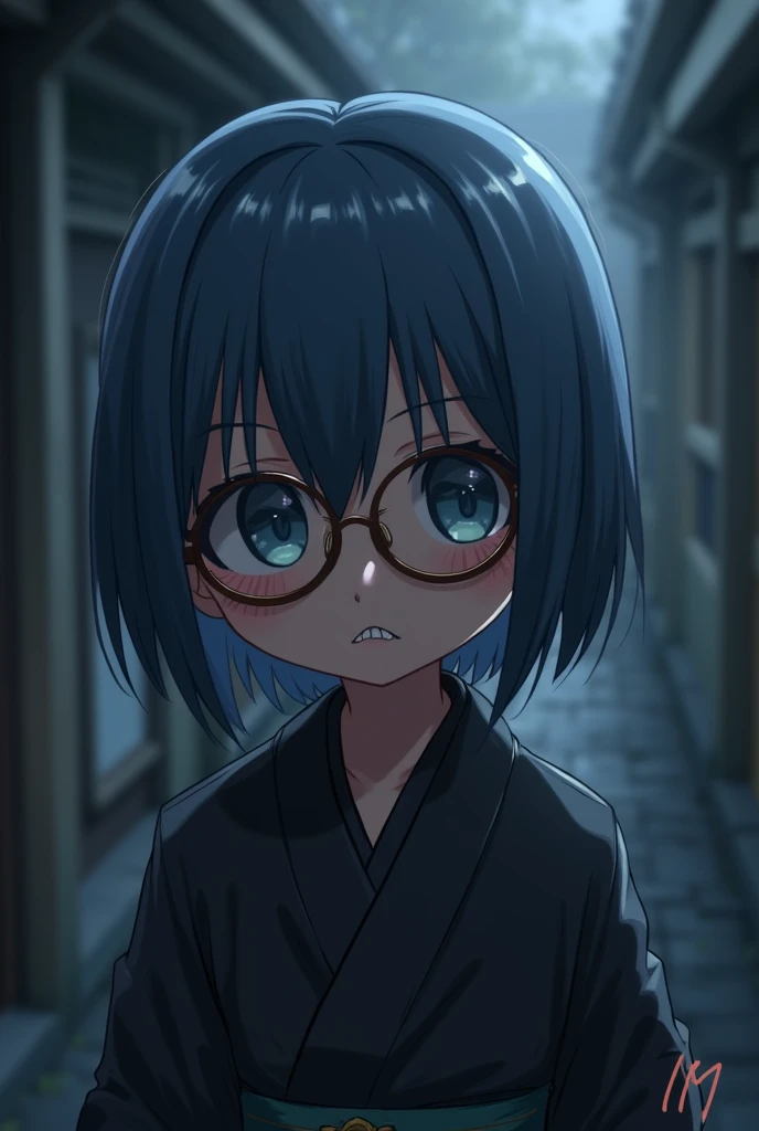 Cute Sticker boy short blue hair round glasses black kimono straight hair dark background brown skin mature face shark teeth