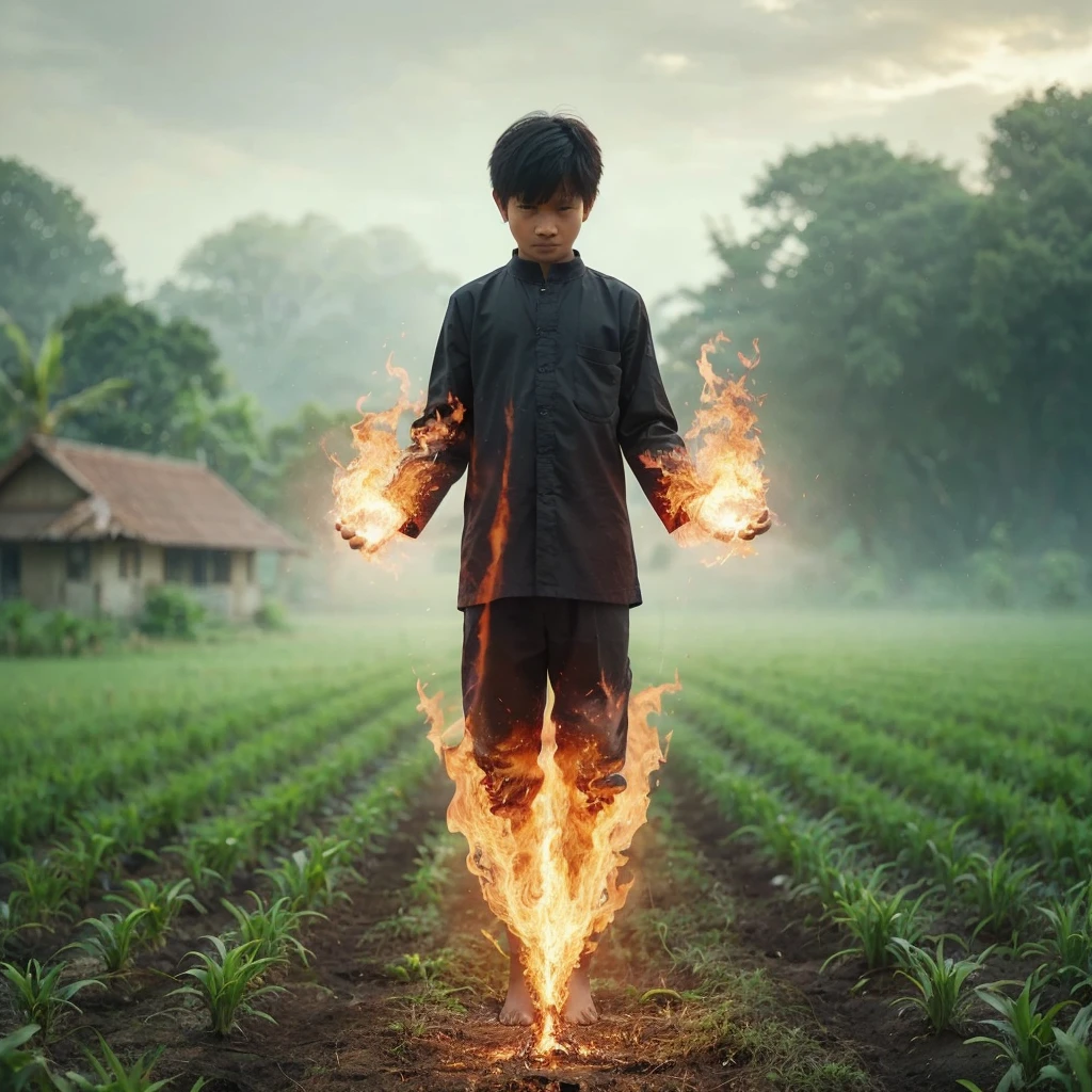 a 10 year old Indonesian boy, a descendant of the gods, standing floating a span above the ground, wearing black farmer's clothes, both of his hands awakening the power of the fire element from within and his entire body, detailed elements around him floating, a landscape of open land with green grass, ultra realistic, uhd, high quality cinematic.