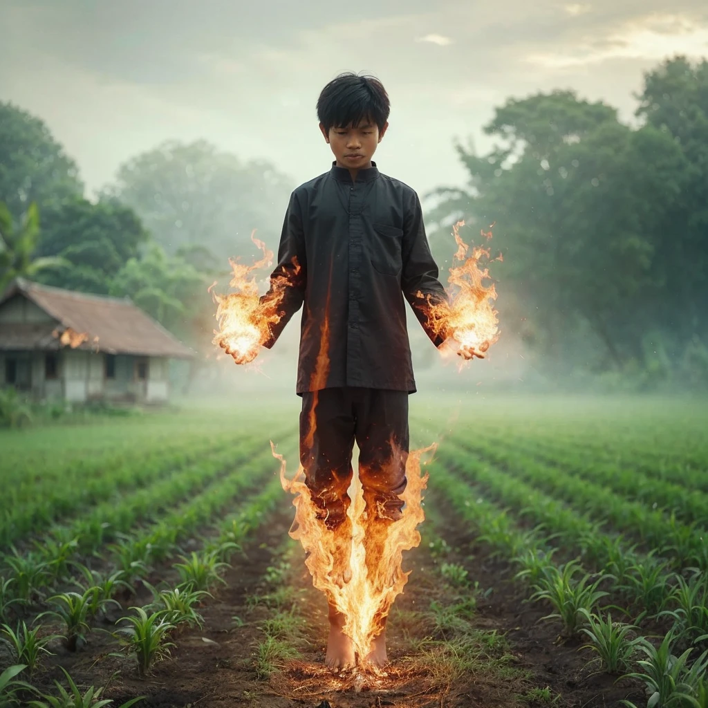 a 10 year old Indonesian boy, a descendant of the gods, standing floating a span above the ground, wearing black farmer's clothes, both of his hands awakening the power of the fire element from within and his entire body, detailed elements around him floating, a landscape of open land with green grass, ultra realistic, uhd, high quality cinematic.