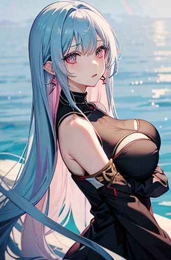 Anime, woman, long hair, pale blue hair, pink eyes, cool, earrings, big boob, wearing a black dress, beautiful, elegant, pure, fantasy,