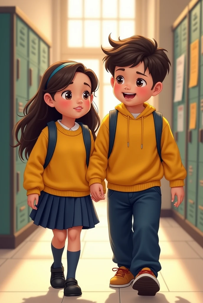 Disney boy and girl in school uniforms with backpacks and may the girl&#39;s uniforms be happy ( Yellow wool bust and navy blue pleated skirt , Navy blue tights and black school shoes WITHOUT TIE) and of the child ( Navy blue cloth pants and yellow sweatshirt ) 