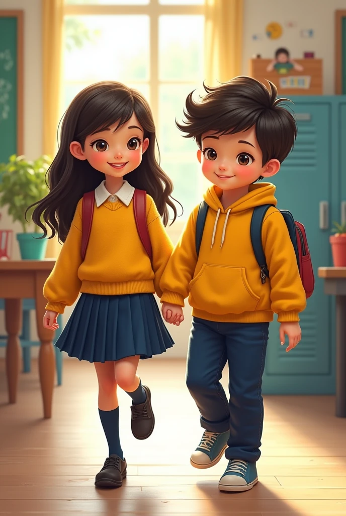 Disney boy and girl in school uniforms with backpacks and may the girl's uniforms be happy ( Yellow wool bust and navy blue pleated skirt , Navy blue tights and black school shoes WITHOUT TIE) and of the child ( Navy blue cloth pants and yellow sweatshirt )