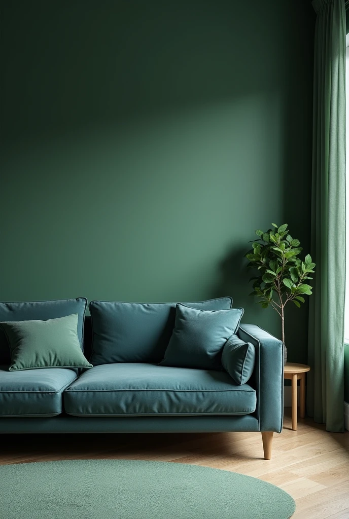 Create image of drawing room of dark green colour plain wall. Room has dark sky blue colour corner sofa. Light green colour rug is on the floor