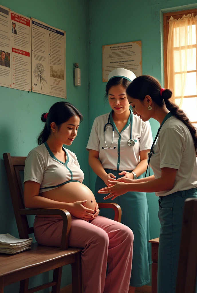 Community health nurses in a poor rural area a barangay in the Philippines helping a mother for a prenatal check-up checking vital signs while educating for prenatal check up inside a barangay clinic especially those who often do not opt for check up