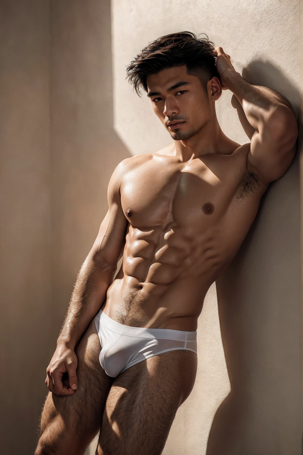 (Asian Man portrait:1.5),Masterpiece:1.5, Best quality:1.5, Solo:1.5,Asian Man:1.5,white wall background:1.5, skinny boy body:1.5, muscle body:1.5,sport body:1.5, big muscle:1.5, Handsome face:1.5,Dark Brown Hair Color:1.5,Natural eyes:1.5, athletic physique:1.5, slender:1.5,body hair:1.5, He was wearing tight White Calvin Klein underwear and curved legs.:1.5, perfect:1.5 , male:1.5,correct male scrotum:1.5, perfect scrotum:1.5, male structure:1.5, short detailed hair:1.5, Sexy guy:1.5, looking at viewer:1.5, standing:1.5,highest detail:1.5, superior quality:1.5, natural lighting, beautiful:1.5, sexy:1.5,correct anatomy:1.5, good composition:1.5, man focus:1.5,amazing composition:1.5, front view:1.5, HDR, volumetric lighting, ultra quality, elegant:1.5,vpl,the middle of the picture:1.5,Clear Focus: 1.5,Perfect Body virile: 1.5,pale skin:1.5, very pale skin:1.5, light skin:1.5,(Perfect fingers:1.5), (perfect arm shape:1.5),(perfect leg shape:1.5),(perfect body shape:1.5),(bulky bulge and medium butt:1.5),Undercut Hairstyle:1.5