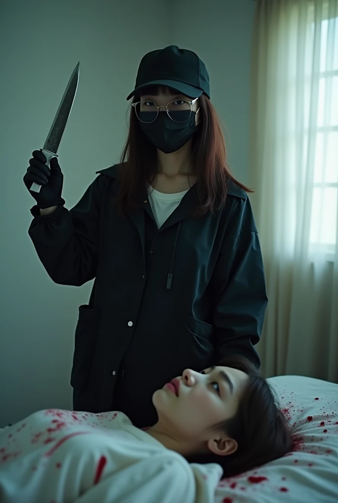 korean girl, (behind stiff, holding knife), stabbing, black surgical mask, black gloves, sunglasses, white room, black raincoat, trucker hat, holding knife, black gloves, , woman on top, behind cadaver, blood splatter, on the bed, looking at viewer, mass murderer, killer, blood splatter, dark atmosphere, cinematic lighting, atmospheric realistic, light from the window,