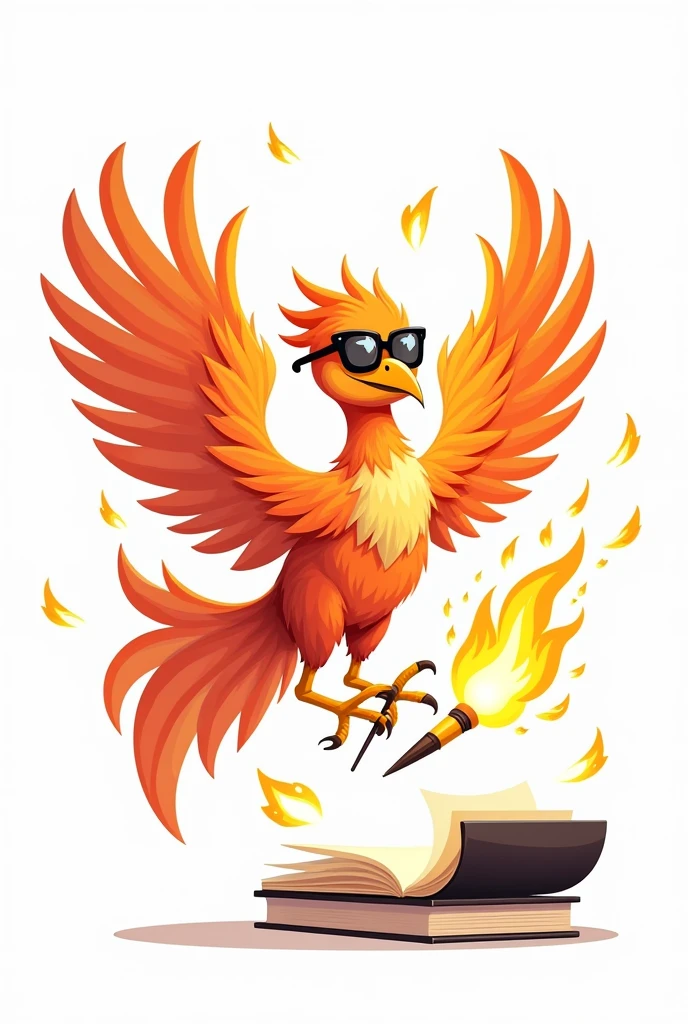Cute cartoon of a male phoenix biting a pen while flying, white background. ,There is a book, there is a fire around the phoenix. ,Wearing dark glasses.
