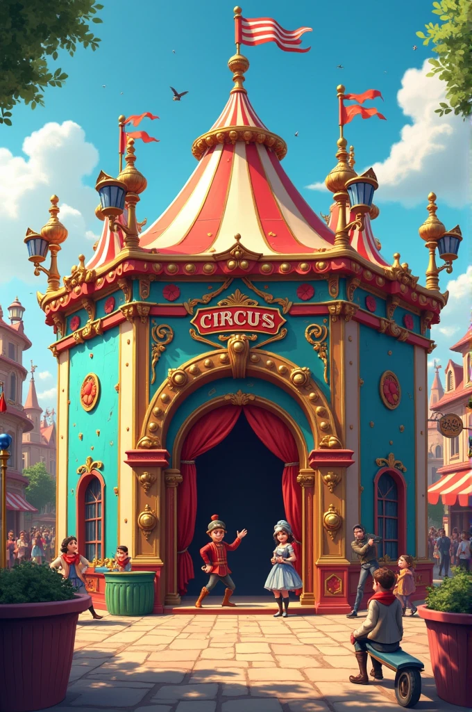 The facade of a square circus with blue colors, red and green