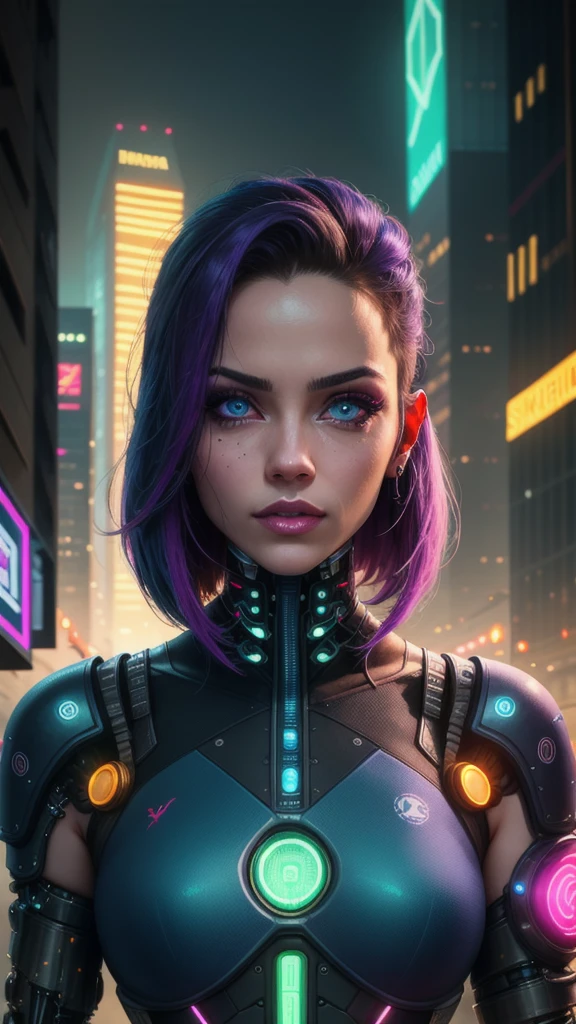 cute cyberpunk girl, sombra, 1girl, beautiful detailed eyes, beautiful detailed lips, extremely detailed face and features, intricate cybernetic implants, hyper detailed skin, glowing neon lights, futuristic city background, neon skyscrapers, glowing neon signs, moody dramatic lighting, cinematic composition, vibrant neon colors, photorealistic, 8k, ultra-detailed, masterpiece