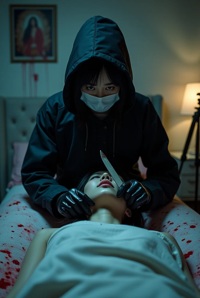 korean girl, (behind stiff, holding knife), surgical mask, black leather gloves, room, black raincoat, hood up, holding knife, leather gloves, woman on top, behind cadaver, looking at viewer, blood splatter, bed room, night, mass murderer, killer, short hair, blood splatter, dark atmosphere, cinematic lighting, atmospheric realistic, neon lighting, tripod and camera in the back, shooting with camera