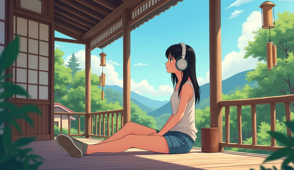 Perfect image, 8k, noon、A high school girl listening to music on a cozy veranda,holiday、 Using headphones, 2D-style animation, Lo-Fi, hard disk, Big Breasts、one's home、wind chimes、summer、Retro、Japanese style、Wooden house、Single-story house、relax