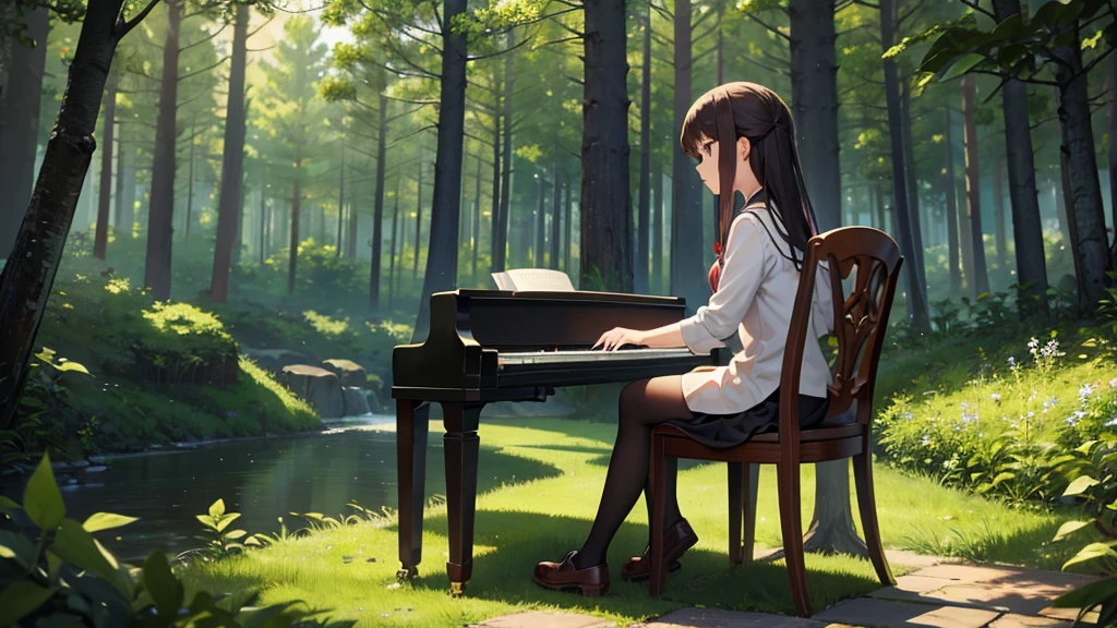 Girl playing the piano, in the forest anime style, sitting on a chair.