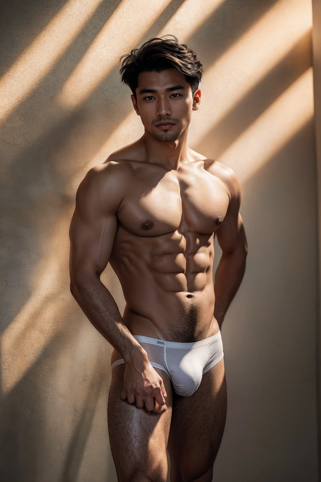 (Asian Man portrait:1.5),Masterpiece:1.5, Best quality:1.5, Solo:1.5,Asian Man:1.5,white wall background:1.5, skinny boy body:1.5, muscle body:1.5,sport body:1.5, big muscle:1.5, Handsome face:1.5,Dark Brown Hair Color:1.5,Natural eyes:1.5, athletic physique:1.5, slender:1.5,body hair:1.5, He was wearing tight White Calvin Klein underwear and curved legs.:1.5, perfect:1.5 , male:1.5,correct male scrotum:1.5, perfect scrotum:1.5, male structure:1.5, short detailed hair:1.5, Sexy guy:1.5, looking at viewer:1.5, standing:1.5,highest detail:1.5, superior quality:1.5, natural lighting, beautiful:1.5, sexy:1.5,correct anatomy:1.5, good composition:1.5, man focus:1.5,amazing composition:1.5, front view:1.5, HDR, volumetric lighting, ultra quality, elegant:1.5,vpl,the middle of the picture:1.5,Clear Focus: 1.5,Perfect Body virile: 1.5,pale skin:1.5, very pale skin:1.5, light skin:1.5,(Perfect fingers:1.5), (perfect arm shape:1.5),(perfect leg shape:1.5),(perfect body shape:1.5),(bulky bulge and medium butt:1.5),Undercut Hairstyle:1.5