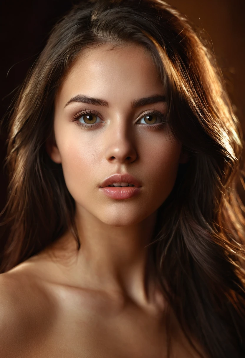 a beautiful naked young woman with long dark brown hair, 23 years old, sensual expression, posing gracefully, cinematic lighting, very detailed face, extremely detailed eyes and lips, detailed skin texture, photorealistic, award winning digital art, cinematic composition, dramatic lighting, rich warm tones