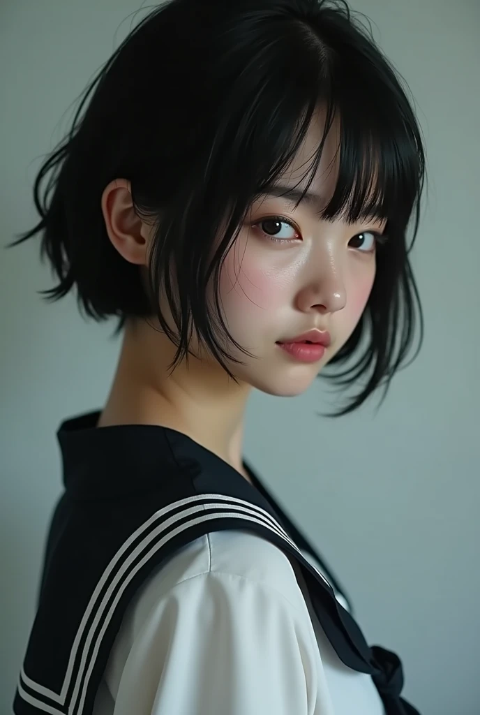 Realistic glowing skin, (sweating:1.8),Stand backwards,Look back at your face,Always look at the camera, (When the uniform gets wet with sweat, it becomes transparent..:1.6),(sweating:1.4),(Nipples are visible:1.9),,(whole body:1.8)
Classic black and white sailor uniform,Summer clothes,Cold look,Cold Stare,Black Hair,short hair,Tie your hair short,Silky translucent white skin,best Realistic depiction,(Very detailed美しい顔), Great face and eyes, (Highest quality:1.4), (Very detailedな), (Very detailed CG 統合 8k 壁紙), Very detailed, High resolution raw color photos, Professional photography, Realistic portrait,
 (少女のwhole bodyの詳細なRAW写真), Canon EOS R5 250mm, Sharp focus, Cinema Lighting,  (No makeup:1.2), Fine skin, Delicate collarbone,Fine texture of the sailor uniform,Very Realistic sailor uniform texture,(Ultra-high resolution:1.6), (Realistic:1.6), ,(Wearing a sports bra:1.9),(Japanese junior high school girls:1.9)