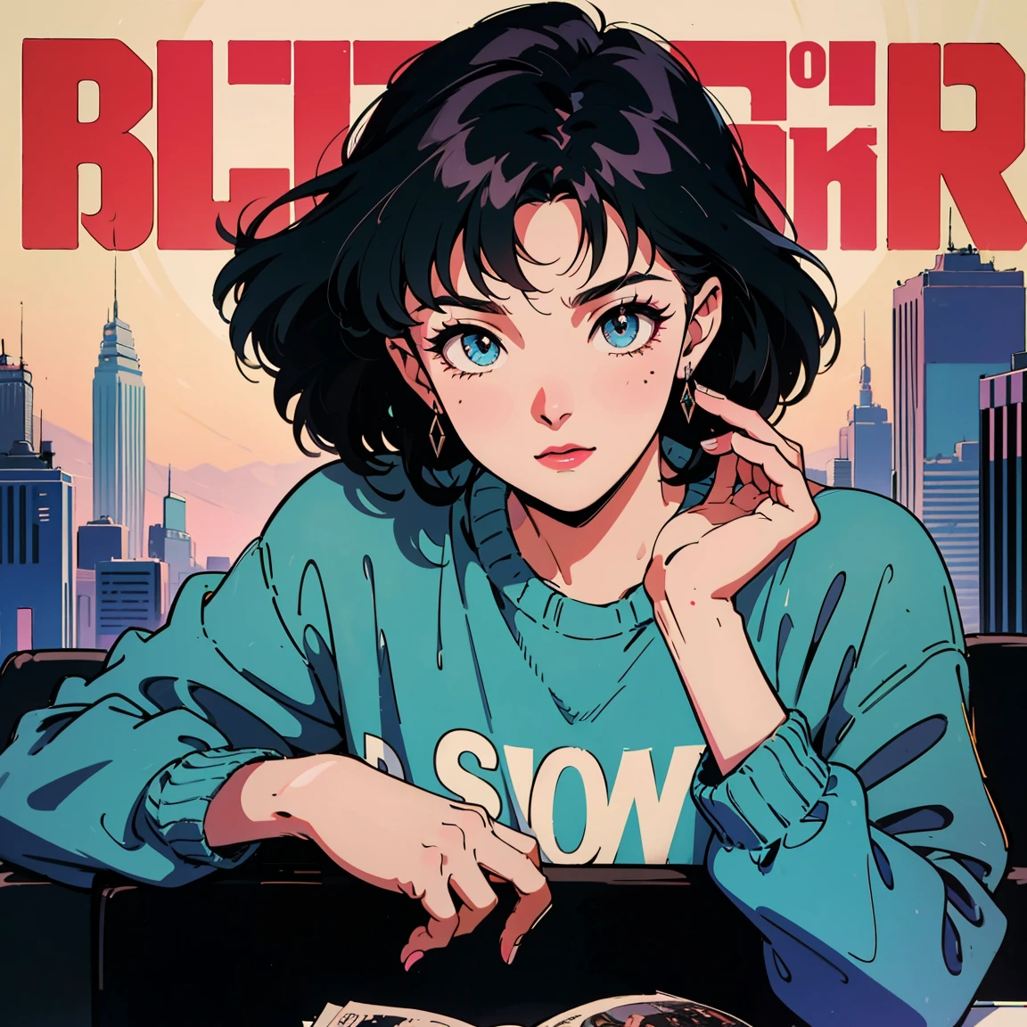 Best image quality, 1980s style animation, 65-year-old woman, Wrinkled face, Black Hair, Perm, Bright Eyes, beautiful eyes, Eyeliner, vintage, Wear with a loose sweatshirt, magazine cover, whole body , City , At night in the park, Strike a pose, too sexy, So beautiful. 짙은 Eyeliner