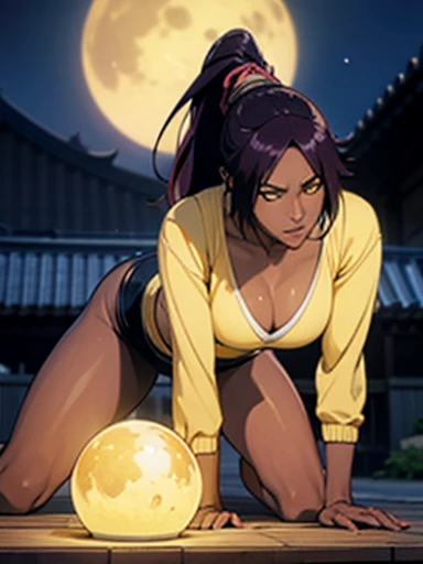 ((Master quality, 8K, masterpiece:1.3, ultra-detailed, high resolution, RAW Photos, detailed , blurry, Actual, hyper realistic, photo, HDR)), BREAK, Anatomically perfect, perfect hands, perfect legs, perfect feet, detailed eyes, BREAK, One person alone, yoruichi shihouin, long hair, (yellow eyes:1.5), ponytail, purple hair, (((dark skin, dark-skinned female))),, BREAK, beautiful face, beautiful detailed eyes, (sexy posing ), , ( Round and Stacked Breasts ), Cleavage, abs, seductive smile:1.5, Sweat-soaked skin, BREAK, wearing( ), , Graffiti art, BREAK, ( Random Angle, full-body, ), dynamic angle, , background(Realistic , cinematic lighting, depth of field, night , the full moon,, Samurai residence city atmosphere, hot spring , light particles)