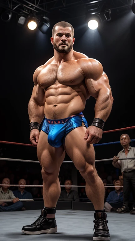 上半身裸の若い太ったJapaneseの男性レスリング選手が立っている。
Thick muscles。thick limbs。Shaved Head。No beard。
太ったJapaneseの男性レスリング選手は、Blue and shortTWearing a bag。bulge。
太ったJapaneseの男性レスリング選手は、wearing ring shoes。
whole bodyが見えるStanding posture。The background is professional wrestling。
No body hair。Smooth Skin。Smooth Skin。
左右対称の整ったJapaneseの顔。Japaneseの穏やかな表情。Japaneseの丸くて小さな顔。Thin eyebrows。single eyelid。Kind eyes。round and large nose。Small Mouth。
Low - Angle。Standing posture。whole body。Japanese。
Highest quality。Entirely in sharp focus、Highest photo quality。Photorealistic。