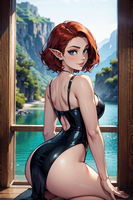 1girl, female elf, short red hair, blue eyes, curvy body, jessica rabbit dress, black high heels, standing near balcony near lake, full pouty lips, lewd smile, pinup pose, back view, looking back at viewer longingly