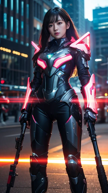 Highest quality, masterpiece, shape, (Realistic, photo-Realistic:1.37), wonderful, In detail, Unbelievably absurd, Very detailed, High resolution, Very detailed CG Unity 8k , Very detailed目と顔, Ray Tracing, The cyborg girl is pure.,She is wearing a mecha armor jacket.。.。..。.., Exposing most of her flawless skin. Added armor details to shoulders and head.、wonderfulハイライトがいくつかあります, Tech Panels and Mechanisms. She stands against a futuristic cityscape lit up with vibrant neon lights........、Standing full of energy。looking at the camera、