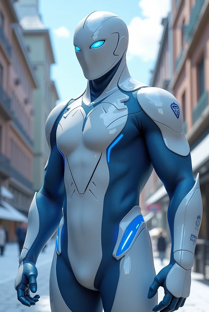 Create a male hero uniform in the style of Miraculous: Tales of Ladybug and inspired by a beluga with white and blue colors