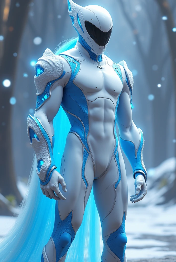 Create a male hero uniform in the style of Miraculous: Tales of Ladybug and inspired by a beluga with white and blue colors 