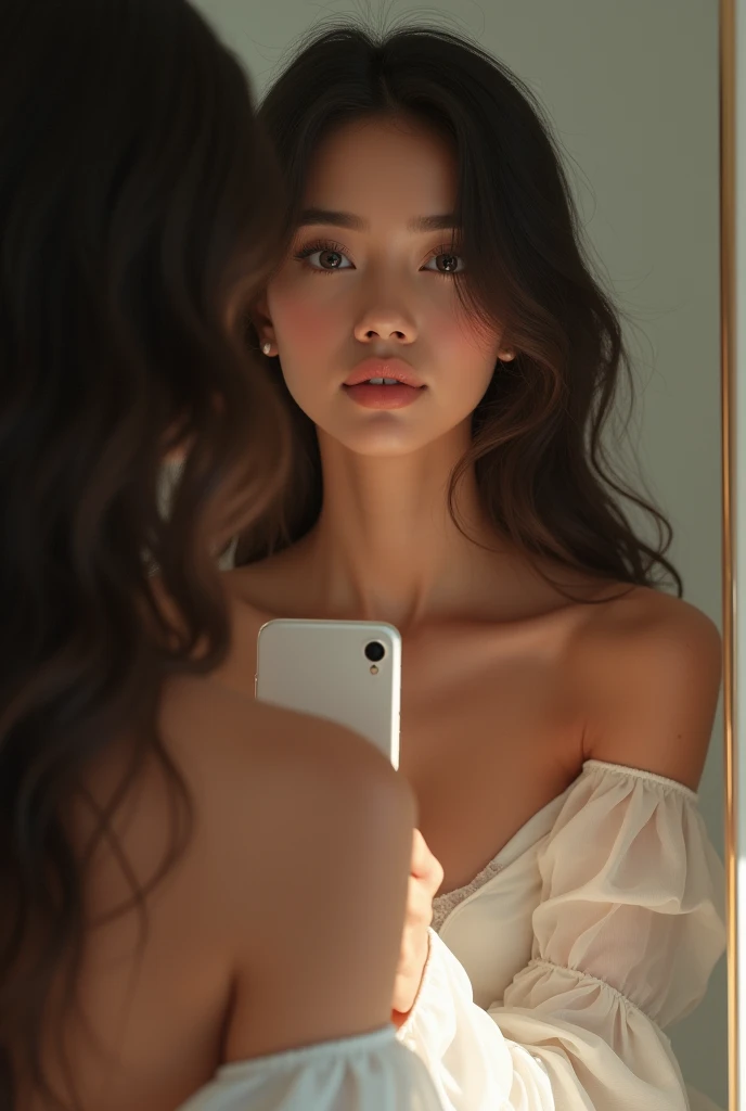 Woman taking a selfie in the mirror、Long Hair,A clear background with half of the face hidden by the iPhone、Beautiful woman、whole body、Off the shoulder