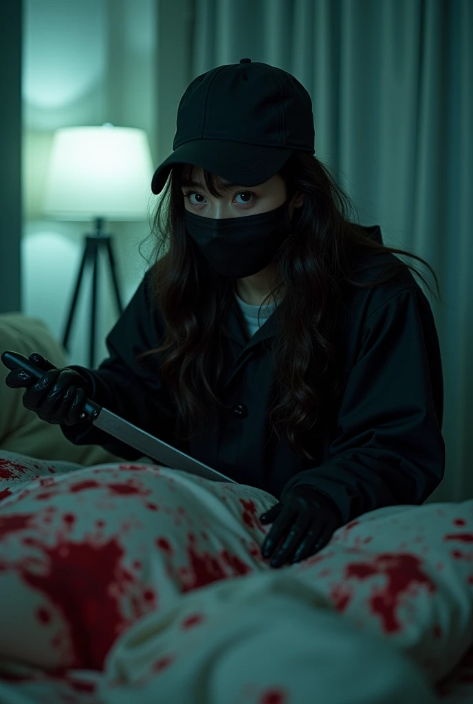 korean girl, (behind stiff, holding knife), black surgical mask, black gloves, crazy eyes, bed room, black raincoat, holding knife, trucker hat, 15 years old, black gloves, woman on top, looking at viewer, behind cadaver, blood splatter, bed room, night, mass murderer, killer, wavy hair, blood splatter, dark atmosphere, cinematic lighting, neon light, tripod and camera in the back, shooting with camera