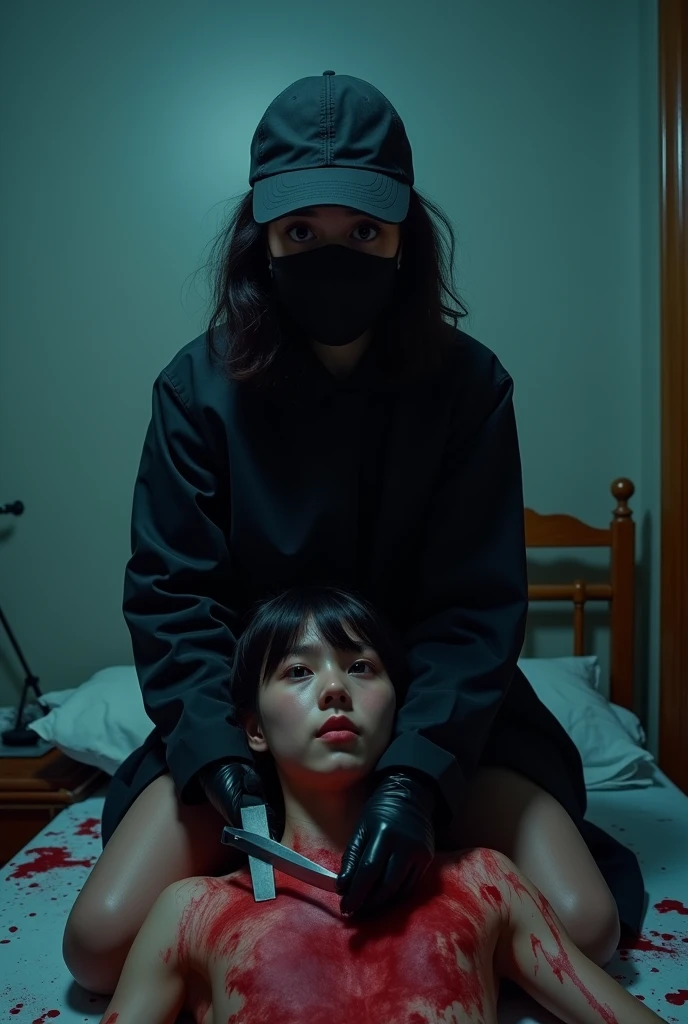 korean girl, (behind stiff, holding knife), black surgical mask, black gloves, crazy eyes, bed room, black raincoat, holding knife, trucker hat, , black gloves, woman on top, looking at viewer, behind cadaver, blood splatter, bed room, night, mass murderer, kiwavy hair, blood splatter, dark atmosphere, cinematic lighting, neon light, tripod and camera in the back, shooting with camera