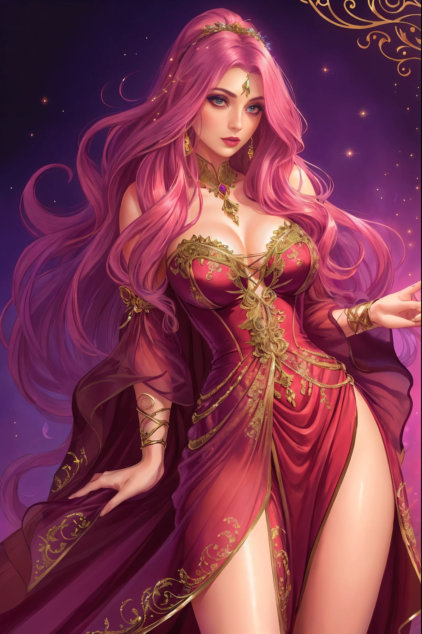 1girl, long_hair, bright_hair_color, seductive_eyes, mysterious_expression, mature_appearance, glamorous_outfit, flowing_dress, elegant_jewelry, intricate_embellishments, magic_symbols, glowing_accessories, potions, scrolls, cute_accents, bows, ribbons, flowers,