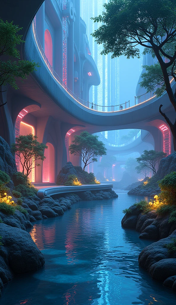**futuristic oasis, glowing flora, nature and technology blend, high-definition visuals, bioluminescent scenery, vibrant colors, advanced design, detailed elements, cutting-edge details, 4K, RAW photo**