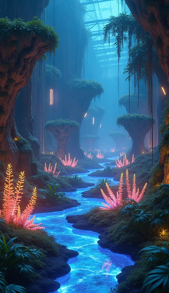 **futuristic oasis, glowing flora, nature and technology blend, high-definition visuals, bioluminescent scenery, vibrant colors, advanced design, detailed elements, cutting-edge details, 4K, RAW photo**