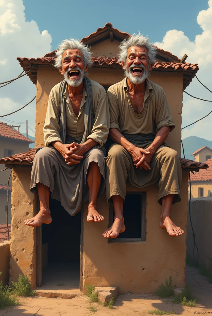 (photorealism:1.2) একটি ঘর, মাটি দিয়ে বানানো, তিন তলা ঘর, উপরে একজন বয়স্ক গরীব লোক এবং তার ছেলে দাত বের করে চালে বসে হাসছে, পরনে ছিরা কাপর, রিয়েল চেহারা,