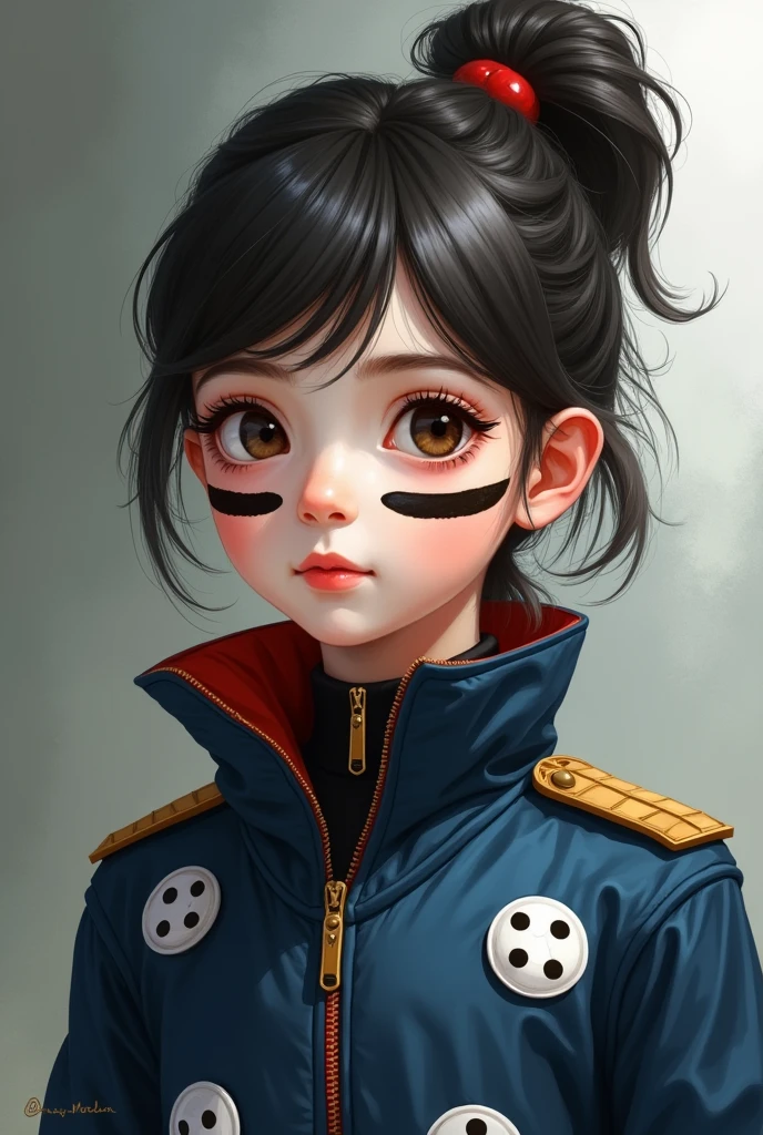 young girl, with pony tail hair whith pure white skin with black stripes on her face using dark blue uniform costume with white ladybugs with black spots on her face 