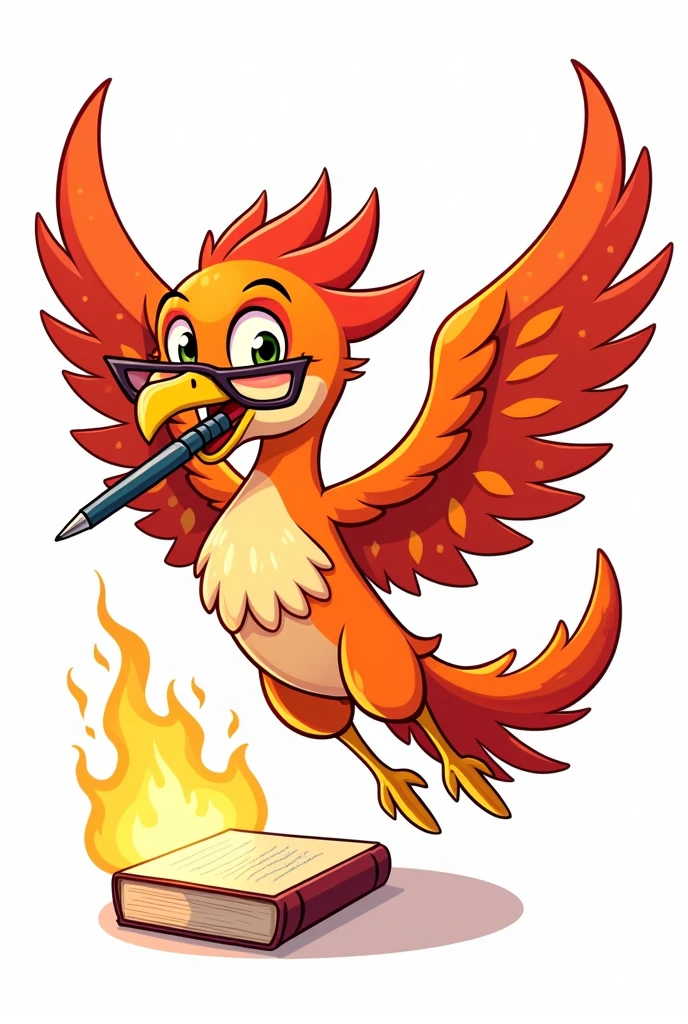 Cute cartoon of a male phoenix biting a pen while flying, white background. ,There is a book, there is a fire around the phoenix. ,Wearing dark glasses. ,No arms