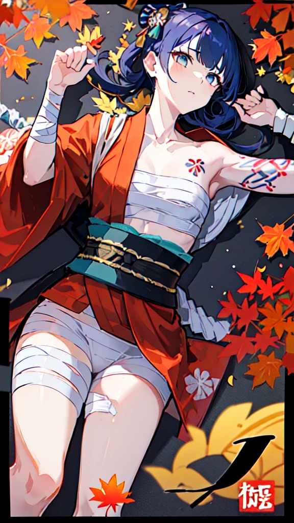 (((((roll up bandage sideways on a  chest tightly to cover the chest without gaps))))),  (((bandage samweways))),, ((Japanese Gangster BOSS)), adult woman with the dignified presence, Killing Qi, wear nothing around shoulder, wear nothing around neck, wear the kimono, wear it below the waist, I wind it up to control it, and to attach it,  ((kimono come off)) ,wear the kimono multiple times, black and gold kimono, put on over jacket of kimono, there is a japanese sword, The handle of the sword, long sword, low angle, whole body, anime character, Glaring, off sholder, Excellent, can see both shoulder, long kimono hem, small face, big tattoo on the arm,muscular,drink sake, The kimono is spreading,ultra-detailed,super beautiful,Masterpiece,Killing Qi,Intimidation, a person,Selfish person,Ginkgo biloba pattern,Under the trees with autumn leaves,tall,Imposing,colorful kimono,vanpire woman,((Circular tattoo on the back)),can see back,Turned around pose,Retrospective, Hearty laughter
