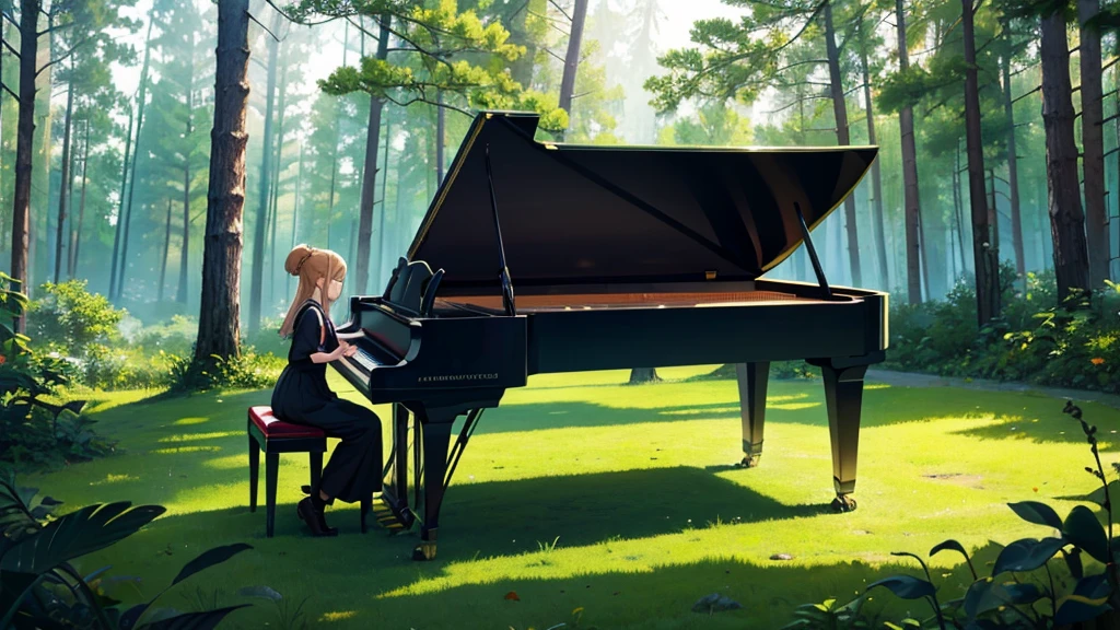 Girl sitting on a chair in the forest playing a piano, anime style. Clear day. Perfect lighting. bright colors.