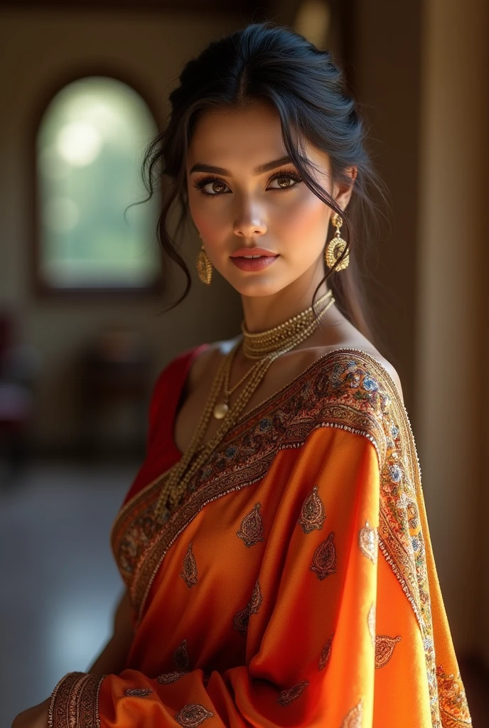 (photorealism:1.2), beautiful woman, in hot sexy saree